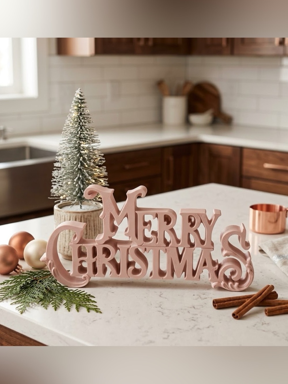 Merry Christmas Decorative Sign in Blush Pink - Home Holiday Accent